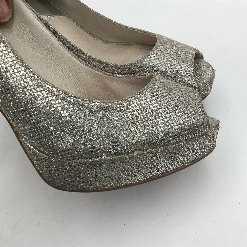 Michael Kors Silver Glitter Peep Toe Platform Heels Size 10‎ Women's